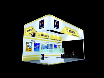 36平米展臺設(shè)計制作：三面開口/現(xiàn)代/木質(zhì)結(jié)構(gòu)/黃色，為汽配展展商而作（免費使用）