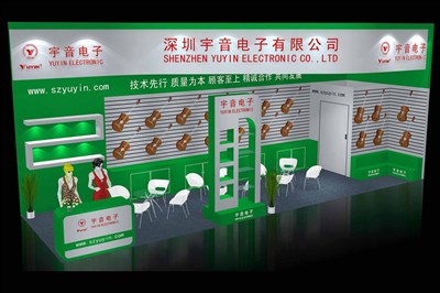 30平米展臺設(shè)計(jì)制作：二面開口/現(xiàn)代/木質(zhì)結(jié)構(gòu)/綠色，為樂器展展商而作（免費(fèi)使用）