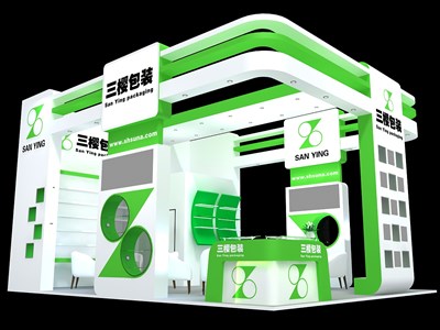 45平米展臺(tái)設(shè)計(jì)制作：三面開(kāi)口/現(xiàn)代/木質(zhì)結(jié)構(gòu)/白色，為美博會(huì)展商而作（免費(fèi)使用）