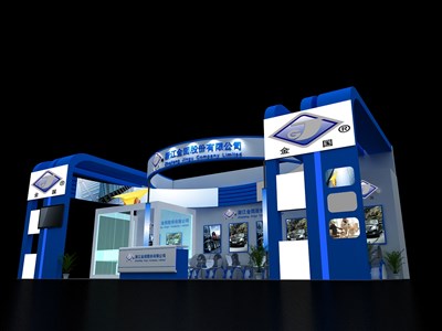 72平米展臺(tái)設(shè)計(jì)制作：三面開口/現(xiàn)代/木質(zhì)結(jié)構(gòu)/藍(lán)色，為汽配展展商而作（免費(fèi)使用）