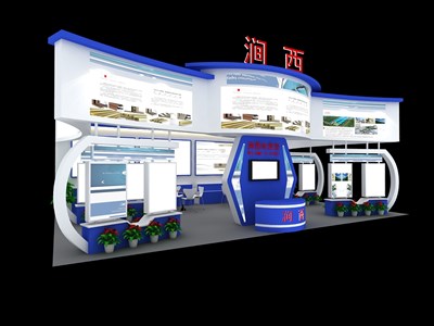 60平米展臺設(shè)計(jì)制作：一面開口/現(xiàn)代/木質(zhì)結(jié)構(gòu)/藍(lán)色，為農(nóng)交會展商而作（免費(fèi)使用）