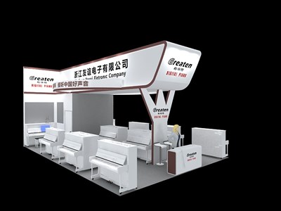 54平米展臺設(shè)計(jì)制作：三面開口/現(xiàn)代/木質(zhì)結(jié)構(gòu)/白色，為樂器展展商而作（免費(fèi)使用）