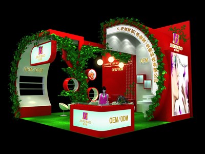 36平米展臺(tái)設(shè)計(jì)制作：三面開口/田園/木質(zhì)結(jié)構(gòu)/紅色，為美博會(huì)展商而作（免費(fèi)使用）