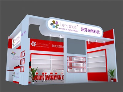 33平米展臺設(shè)計制作：二面開口/現(xiàn)代/木質(zhì)結(jié)構(gòu)/白色，為美博會展商而作（免費使用）