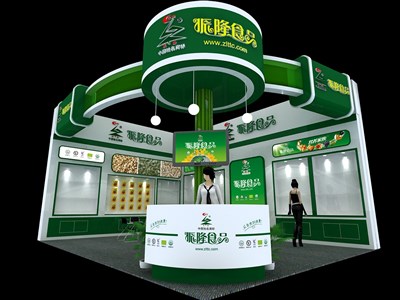 48平米展臺(tái)設(shè)計(jì)制作：二面開口/現(xiàn)代/木質(zhì)結(jié)構(gòu)/綠色，為食品展展商而作（免費(fèi)使用）