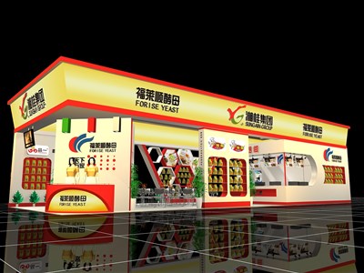 96平米展臺設計制作：三面開口/現(xiàn)代/木質結構/黃色，為美博會展商而作（免費使用）