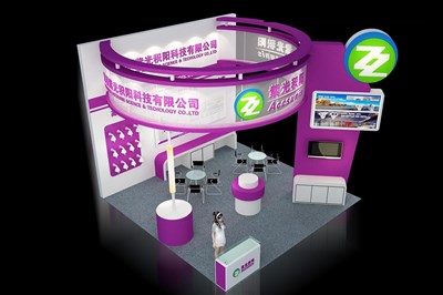 36平米展臺設計制作：三面開口/現(xiàn)代/木質(zhì)結(jié)構(gòu)/紫色，為安防展展商而作（免費使用）