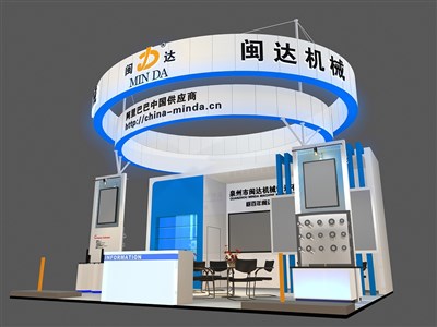 42平米展臺(tái)設(shè)計(jì)制作：三面開口/現(xiàn)代/木質(zhì)結(jié)構(gòu)/白色，為機(jī)械展展商而作（免費(fèi)使用）