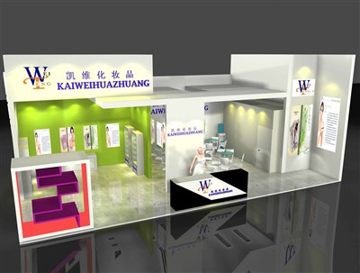 72平米展臺(tái)設(shè)計(jì)制作：二面開口/現(xiàn)代/木質(zhì)結(jié)構(gòu)/彩色，為美博會(huì)展商而作（免費(fèi)使用）