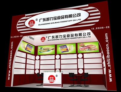 18平米展臺設(shè)計制作：一面開口/現(xiàn)代/木質(zhì)結(jié)構(gòu)/紅色，為食品展展商而作（免費使用）