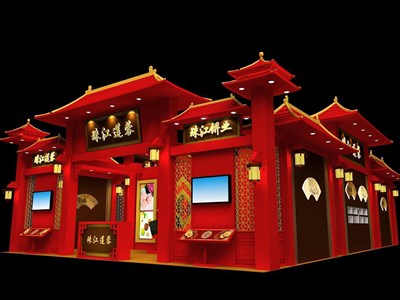 117平米展臺(tái)設(shè)計(jì)制作：二面開(kāi)口/中式/木質(zhì)結(jié)構(gòu)/紅色，為食品展展商而作（免費(fèi)使用）