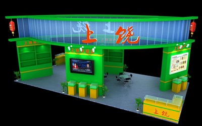 72平米展臺設(shè)計制作：四面開口/現(xiàn)代/木質(zhì)結(jié)構(gòu)/綠色，為食品展展商而作（免費使用）
