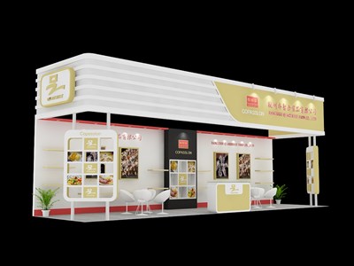 36平米展臺(tái)設(shè)計(jì)制作：三面開(kāi)口/現(xiàn)代/木質(zhì)結(jié)構(gòu)/米色，為食品展展商而作（免費(fèi)使用）