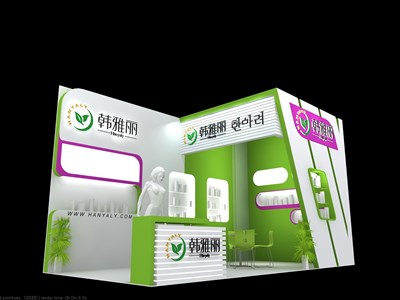 18平米展臺(tái)設(shè)計(jì)制作：二面開口/現(xiàn)代/木質(zhì)結(jié)構(gòu)/彩色，為美博會(huì)展商而作（免費(fèi)使用）