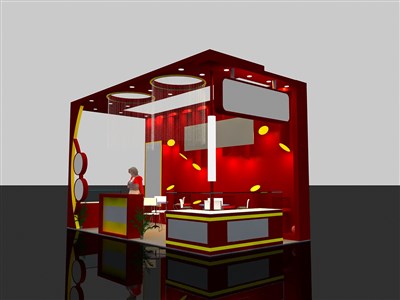 18平米展臺設(shè)計制作：三面開口/現(xiàn)代/木質(zhì)結(jié)構(gòu)/紅色，為食品展展商而作（免費(fèi)使用）