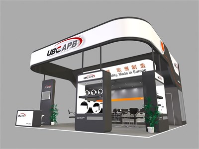 64平米展臺設計制作：三面開口/現(xiàn)代/木質結構/黑色，為機械展展商而作（免費使用）
