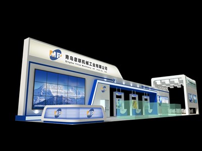 180平米展臺設計制作：三面開口/現代/木質結構/藍色，為機械展展商而作（免費使用）