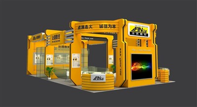 135平米展臺(tái)設(shè)計(jì)制作：三面開(kāi)口/現(xiàn)代/木質(zhì)結(jié)構(gòu)/黃色，為機(jī)械展展商而作（免費(fèi)使用）