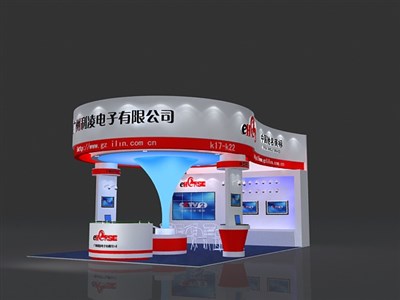 54平米展臺設(shè)計制作：三面開口/現(xiàn)代/木質(zhì)結(jié)構(gòu)/紅色，為安防展展商而作（免費使用）