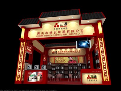 36平米展臺(tái)設(shè)計(jì)制作：三面開口/中式/木質(zhì)結(jié)構(gòu)/紅色，為家電展展商而作（免費(fèi)使用）