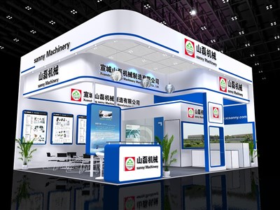 48平米展臺設(shè)計(jì)制作：二面開口/現(xiàn)代/木質(zhì)結(jié)構(gòu)/藍(lán)色，為汽配展展商而作（免費(fèi)使用）