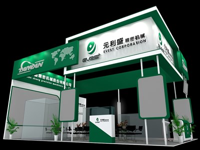 54平米展臺設(shè)計制作：三面開口/現(xiàn)代/木質(zhì)結(jié)構(gòu)/綠色，為機(jī)械展展商而作（免費(fèi)使用）