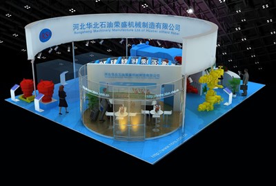 168平米展臺設計制作：四面開口/現(xiàn)代/木質(zhì)結構/藍色，為機械展展商而作（免費使用）