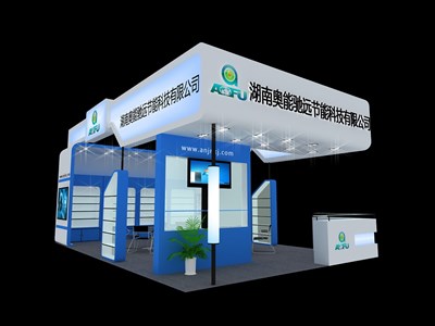 54平米展臺(tái)設(shè)計(jì)制作：三面開口/現(xiàn)代/木質(zhì)結(jié)構(gòu)/藍(lán)色，為汽配展展商而作（免費(fèi)使用）