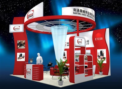 36平米展臺設(shè)計制作：三面開口/現(xiàn)代/木質(zhì)結(jié)構(gòu)/紅色，為機(jī)械展展商而作（免費(fèi)使用）