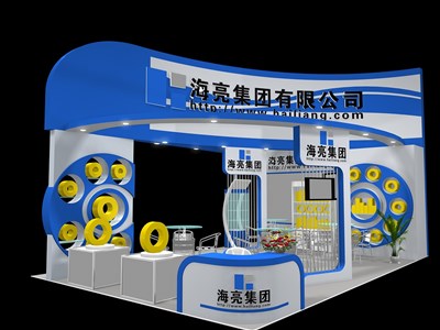 54平米展臺設計制作：三面開口/現(xiàn)代/木質(zhì)結構/藍色，為機械展展商而作（免費使用）