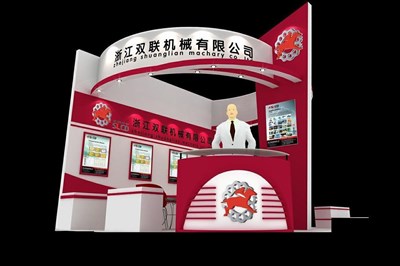 18平米展臺設(shè)計制作：二面開口/前衛(wèi)/木質(zhì)結(jié)構(gòu)/紅色，為機(jī)械展展商而作（免費(fèi)使用）