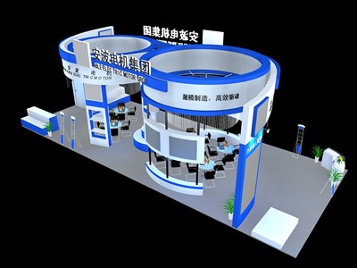 90平米展臺設(shè)計制作：四面開口/前衛(wèi)/木質(zhì)結(jié)構(gòu)/藍色，為機械展展商而作（免費使用）