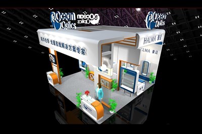 36平米展臺設計制作：三面開口/現(xiàn)代/木質結構/白色，為機械展展商而作（免費使用）