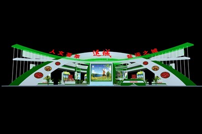 450平米展臺設計制作：一面開口/現(xiàn)代/木質(zhì)結(jié)構/綠色，為農(nóng)交會展商而作（免費使用）