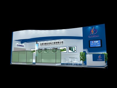 36平米展臺設(shè)計制作：二面開口/現(xiàn)代/木質(zhì)結(jié)構(gòu)/藍(lán)色，為機械展展商而作（免費使用）