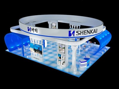 120平米展臺設(shè)計制作：三面開口/前衛(wèi)/木質(zhì)結(jié)構(gòu)/藍色，為機械展展商而作（免費使用）