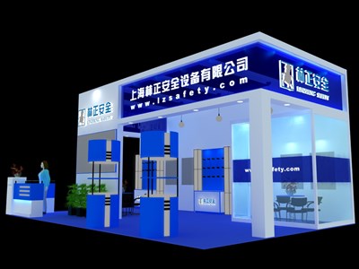 49.5平米展臺設計制作：三面開口/現(xiàn)代/木質結構/藍色，為機械展展商而作（免費使用）
