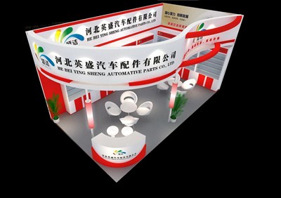36平米展臺(tái)設(shè)計(jì)制作：二面開(kāi)口/現(xiàn)代/木質(zhì)結(jié)構(gòu)/紅色，為汽配展展商而作（免費(fèi)使用）