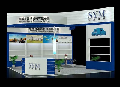 36平米展臺設(shè)計制作：三面開口/現(xiàn)代/木質(zhì)結(jié)構(gòu)/藍(lán)色，為機械展展商而作（免費使用）
