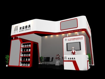 48平米展臺設(shè)計(jì)制作：三面開口/現(xiàn)代/木質(zhì)結(jié)構(gòu)/紅色，為機(jī)械展展商而作（免費(fèi)使用）