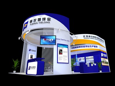72平米展臺設(shè)計制作：一面開口/現(xiàn)代/木質(zhì)結(jié)構(gòu)/藍色，為汽配展展商而作（免費使用）