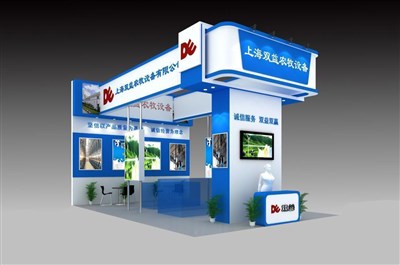 54平米展臺設計制作：三面開口/現(xiàn)代/木質(zhì)結構/藍色，為機械展展商而作（免費使用）