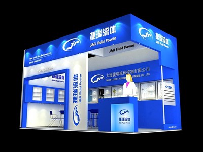 18平米展臺設計制作：二面開口/現(xiàn)代/木質結構/藍色，為汽配展展商而作（免費使用）