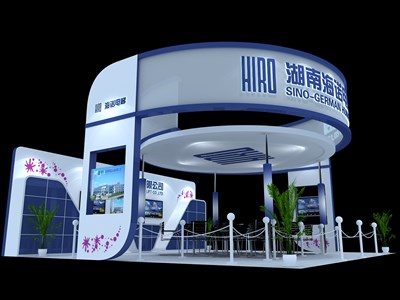 76.5平米展臺設(shè)計制作：四面開口/現(xiàn)代/木質(zhì)結(jié)構(gòu)/藍(lán)色，為汽配展展商而作（免費(fèi)使用）