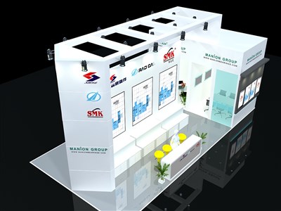 72平米展臺設(shè)計制作：三面開口/現(xiàn)代/木質(zhì)結(jié)構(gòu)/白色，為電子展展商而作（免費(fèi)使用）