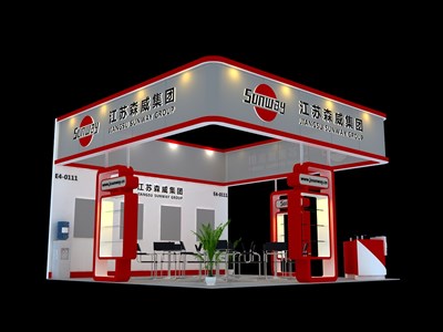 36平米展臺設(shè)計制作：三面開口/現(xiàn)代/木質(zhì)結(jié)構(gòu)/紅色，為汽配展展商而作（免費使用）