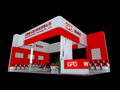 54平米展臺設(shè)計制作：三面開口/現(xiàn)代/木質(zhì)結(jié)構(gòu)/紅色，為汽配展展商而作（免費使用）