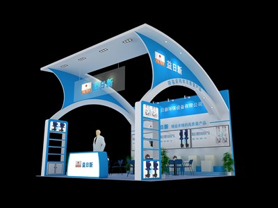 36平米展臺設計制作：三面開口/前衛(wèi)/木質(zhì)結(jié)構(gòu)/藍色，為汽配展展商而作（免費使用）