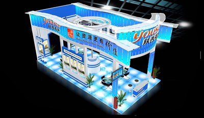 72平米展臺設(shè)計制作：四面開口/現(xiàn)代/型材結(jié)構(gòu)/藍色，為汽配展展商而作（免費使用）