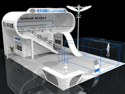 108平米展臺設(shè)計制作：三面開口/現(xiàn)代/雙層結(jié)構(gòu)/白色，為汽配展展商而作（免費使用）